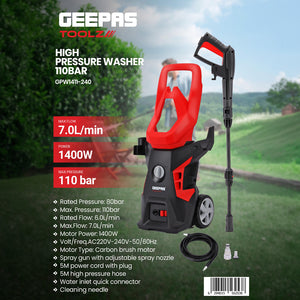 Geepas GPW1411-240 High Pressure Washer |110 Bar| 1400W| 7.0L/min Flow | Adjustable Spray Gun, 5M Hose & Power Cord| Water Inlet Connector| Ideal for car & home cleaning