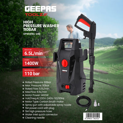 Geepas Toolz GPW1411EL-240 High Pressure Washer | 110BAR Compact Power Washer with 1400W Motor | Ideal for Car, Bike & Outdoor Cleaning | Durable Build| Energy Efficient