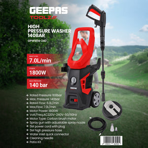 Geepas Toolz GPW1814-240 High Pressure Washer | 140BAR Power Washer with 1800W Motor | Efficient Car, Bike & Home Cleaning Machine | Durable Design | Easy Operation