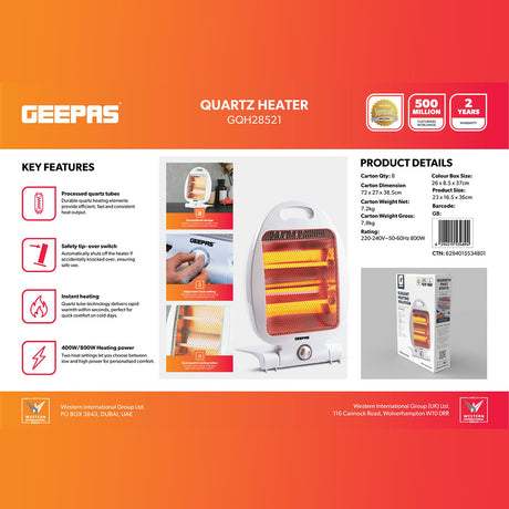Geepas GQH28521 Quartz Heater 800W | Adjustable Thermostat |2 Heat Settings & Tip-Over Protection | Automatic tip-over safety switch |Instant heating | lightweight Design