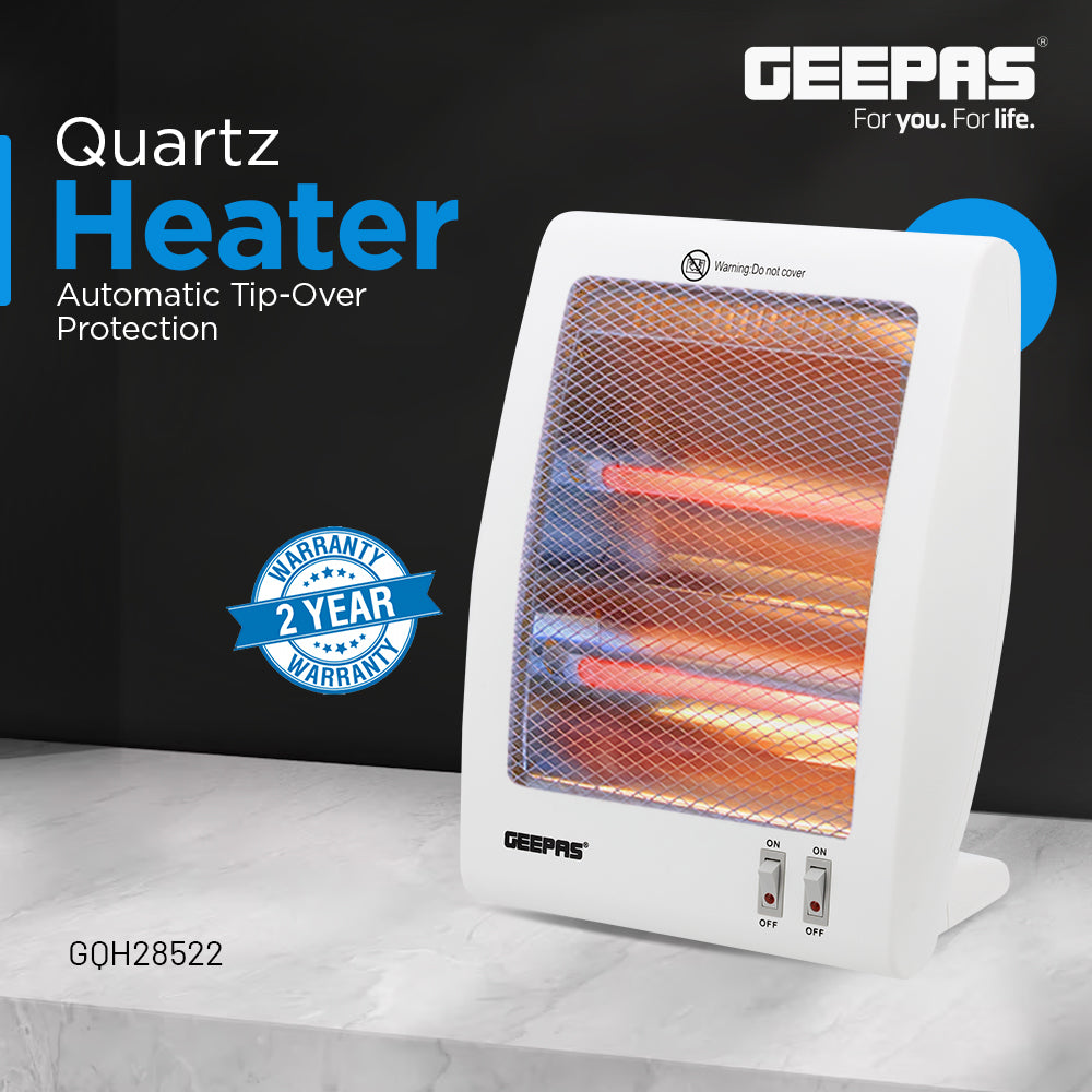 Geepas Quartz Heater GQH28522 | 400W/800W Instant Heating with Quartz Tubes | 2 Heat Settings| Automatic Tip-Over Safety Protection| Energy Efficient | 2 Years Warranty