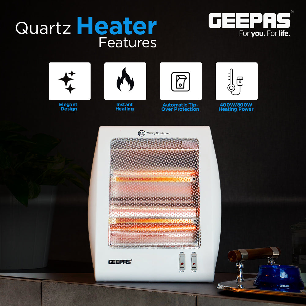 Geepas Quartz Heater GQH28522 | 400W/800W Instant Heating with Quartz Tubes | 2 Heat Settings| Automatic Tip-Over Safety Protection| Energy Efficient | 2 Years Warranty