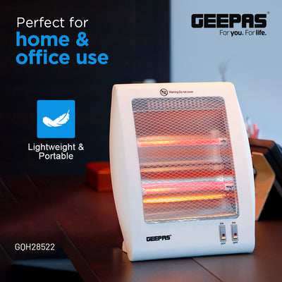 Geepas Quartz Heater GQH28522 | 400W/800W Instant Heating with Quartz Tubes | 2 Heat Settings| Automatic Tip-Over Safety Protection| Energy Efficient | 2 Years Warranty
