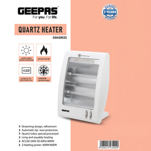Geepas Quartz Heater GQH28522 | 400W/800W Instant Heating with Quartz Tubes | 2 Heat Settings| Automatic Tip-Over Safety Protection| Energy Efficient | 2 Years Warranty