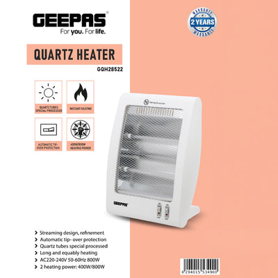 Geepas Quartz Heater GQH28522 | 400W/800W Instant Heating with Quartz Tubes | 2 Heat Settings| Automatic Tip-Over Safety Protection| Energy Efficient | 2 Years Warranty