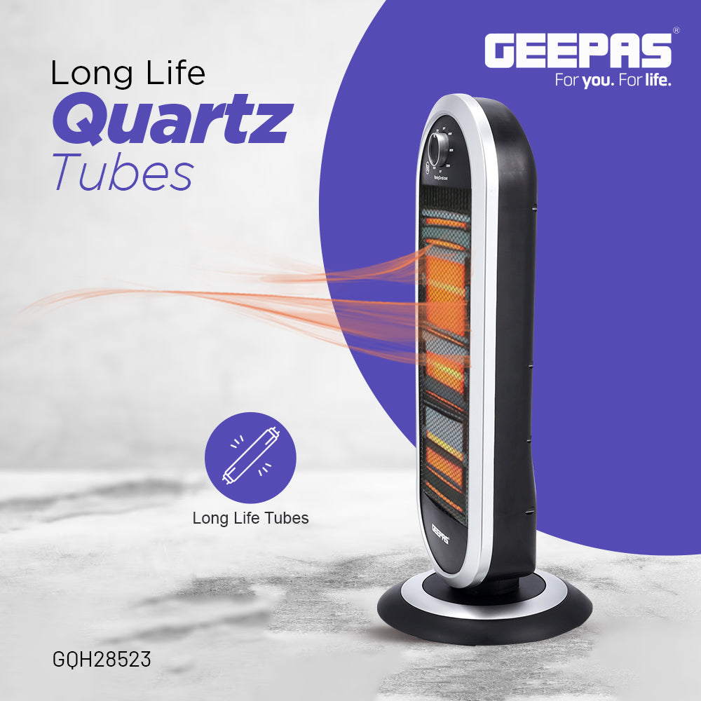 Geepas Quartz Heater GQH28523 | 400W/800W/1200W Instant Heating | Adjustable Thermostat| Wide-Angle Oscillation| Tip-Over Protection & Cool Touch Body | 2 Years Warranty