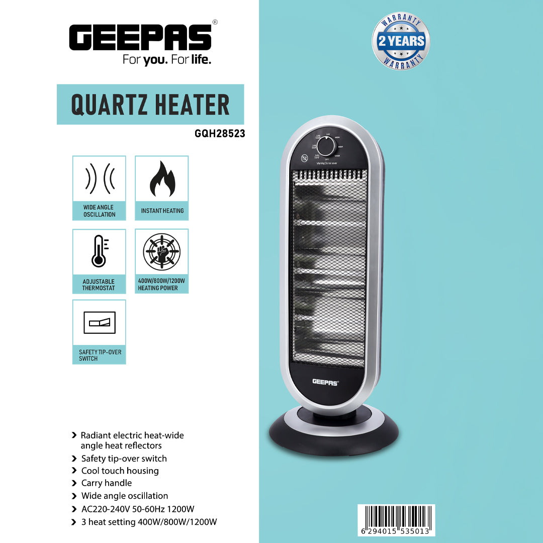 Geepas Quartz Heater GQH28523 | 400W/800W/1200W Instant Heating | Adjustable Thermostat| Wide-Angle Oscillation| Tip-Over Protection & Cool Touch Body | 2 Years Warranty