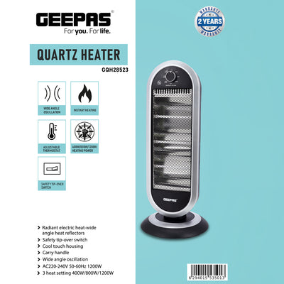 Geepas Quartz Heater GQH28523 | 400W/800W/1200W Instant Heating | Adjustable Thermostat| Wide-Angle Oscillation| Tip-Over Protection & Cool Touch Body | 2 Years Warranty