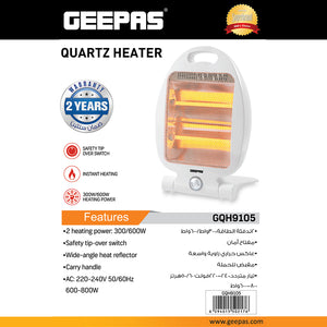 Geepas Quartz Heater GQH9105 | 300W/600W Instant Heating| Safety Tip-Over Switch| Wide-Angle Heat Reflector & Carry Handle |  Energy Efficient Design| 2 Years Warranty