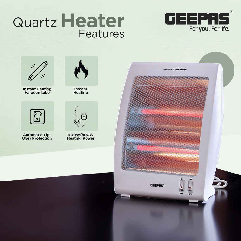 Geepas Quartz Heater GQH9106 | 400W/800W Instant Heating with Safety Tip-Over Switch | Adjustable Thermostat| Energy Efficient Portable Room Heater | 2 Years Warranty