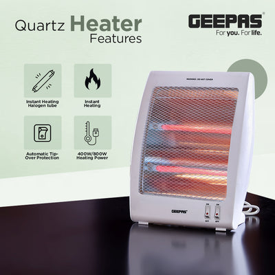 Geepas Quartz Heater GQH9106 | 400W/800W Instant Heating with Safety Tip-Over Switch | Adjustable Thermostat| Energy Efficient Portable Room Heater | 2 Years Warranty