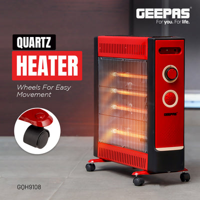 Geepas GQH9108 2200W Quartz Heater | 2 Heat Settings| Silent Operation| Adjustable Thermostat | Portable Design with Wheels| Energy Efficient & Safe | 2 Years Warranty