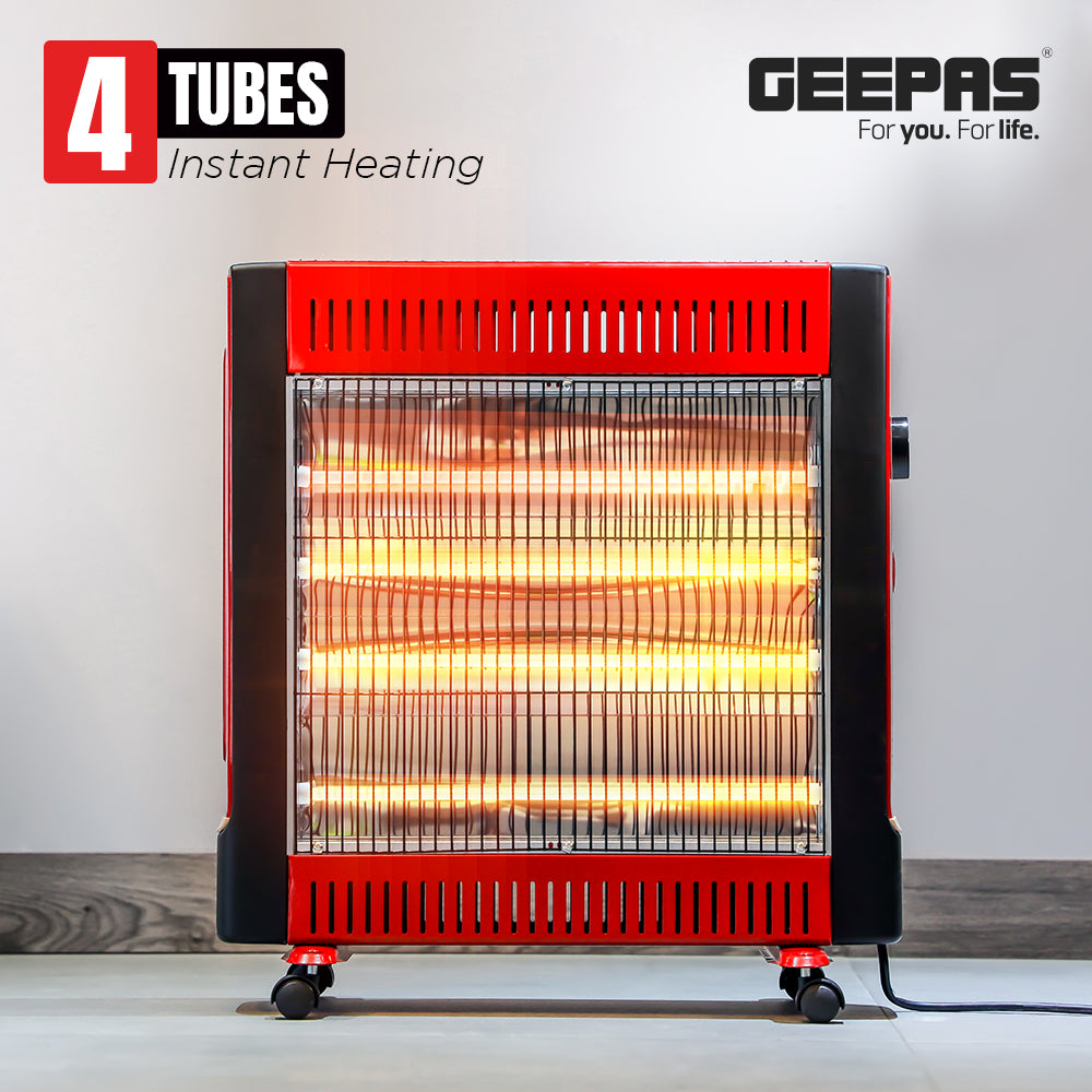 Geepas GQH9108 2200W Quartz Heater | 2 Heat Settings| Silent Operation| Adjustable Thermostat | Portable Design with Wheels| Energy Efficient & Safe | 2 Years Warranty