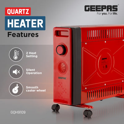 Geepas Quartz Heater GQH9109 | 2 Heat Settings | Adjustable Thermostat | Silent Operation| Instant Heating for Home & Office | Energy Efficient |  2 Years Warranty