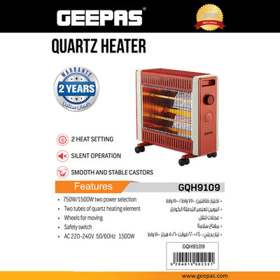 Geepas Quartz Heater GQH9109 | 2 Heat Settings | Adjustable Thermostat | Silent Operation| Instant Heating for Home & Office | Energy Efficient |  2 Years Warranty