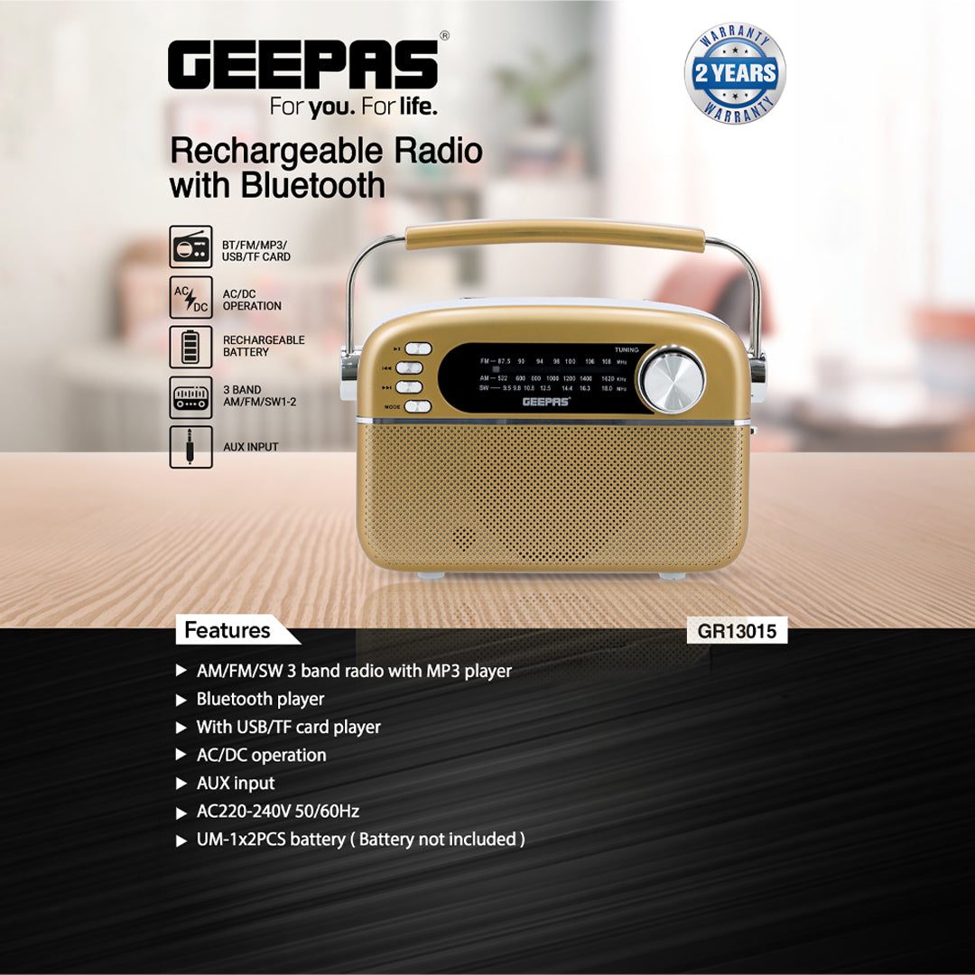 Geepas GR13015 Rechargeable Radio with Bluetooth | AM/FM/SW 3-Band Radio| USB/TF MP3 Player| AUX Input| AC/DC Dual Power Operation| Classic Retro Design| 2 Years Warranty