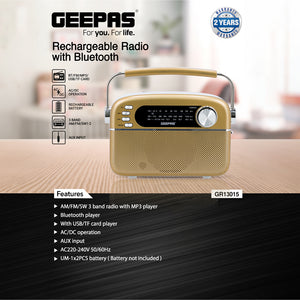 Geepas GR13015 Rechargeable Radio with Bluetooth | AM/FM/SW 3-Band Radio| USB/TF MP3 Player| AUX Input| AC/DC Dual Power Operation| Classic Retro Design| 2 Years Warranty