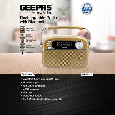 Geepas GR13015 Rechargeable Radio with Bluetooth | AM/FM/SW 3-Band Radio| USB/TF MP3 Player| AUX Input| AC/DC Dual Power Operation| Classic Retro Design| 2 Years Warranty