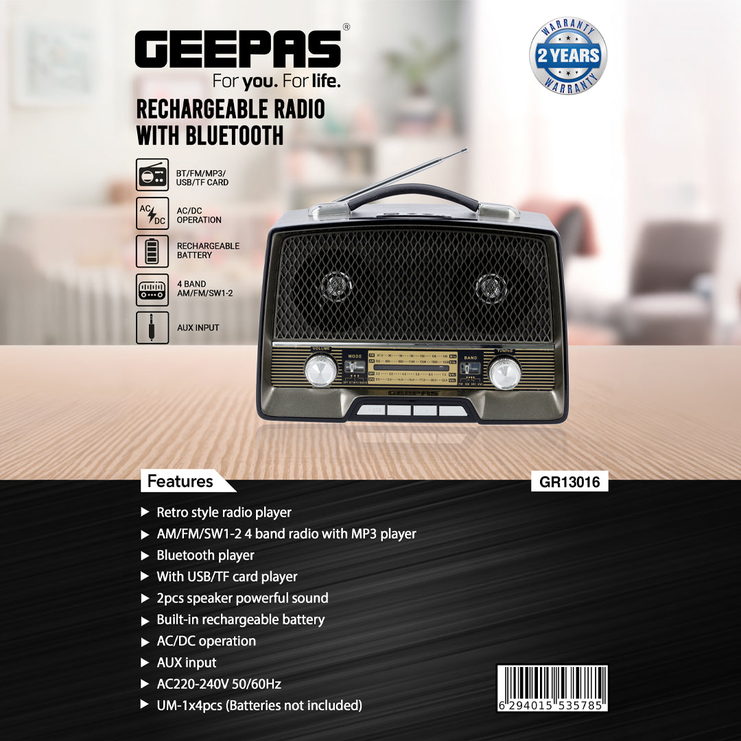 Geepas GR13016  Rechargeable Radio | Bluetooth | USB | TF & 4-Band Radio | Classic Wooden Design | Long-Lasting Battery | Portable Music Player | 2-Year Warranty