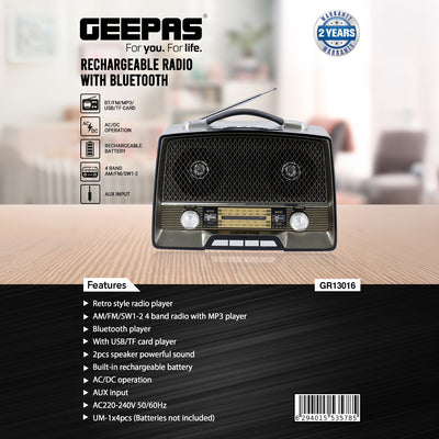 Geepas GR13016  Rechargeable Radio | Bluetooth | USB | TF & 4-Band Radio | Classic Wooden Design | Long-Lasting Battery | Portable Music Player | 2-Year Warranty