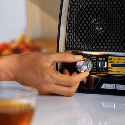 Geepas GR13016  Rechargeable Radio | Bluetooth | USB | TF & 4-Band Radio | Classic Wooden Design | Long-Lasting Battery | Portable Music Player | 2-Year Warranty