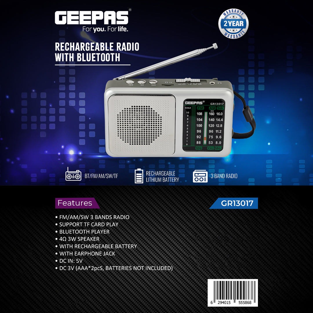 Geepas Rechargeable Radio with Bluetooth-GR13017|BT/FM/AM/SW/TF,3 Band Radio|DC 3V (AAAx2)|Perfect for Home, Office Etc. Retro Design and Premium Quality|2 Years Warranty