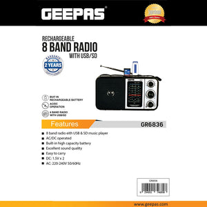Geepas GR6836  Rechargeable Radio with BT/USB/SD | 8-Band Music Player | Portable Design | Long Battery Life | FM/AM/SW Support | Rugged Build | 2-Year Warranty