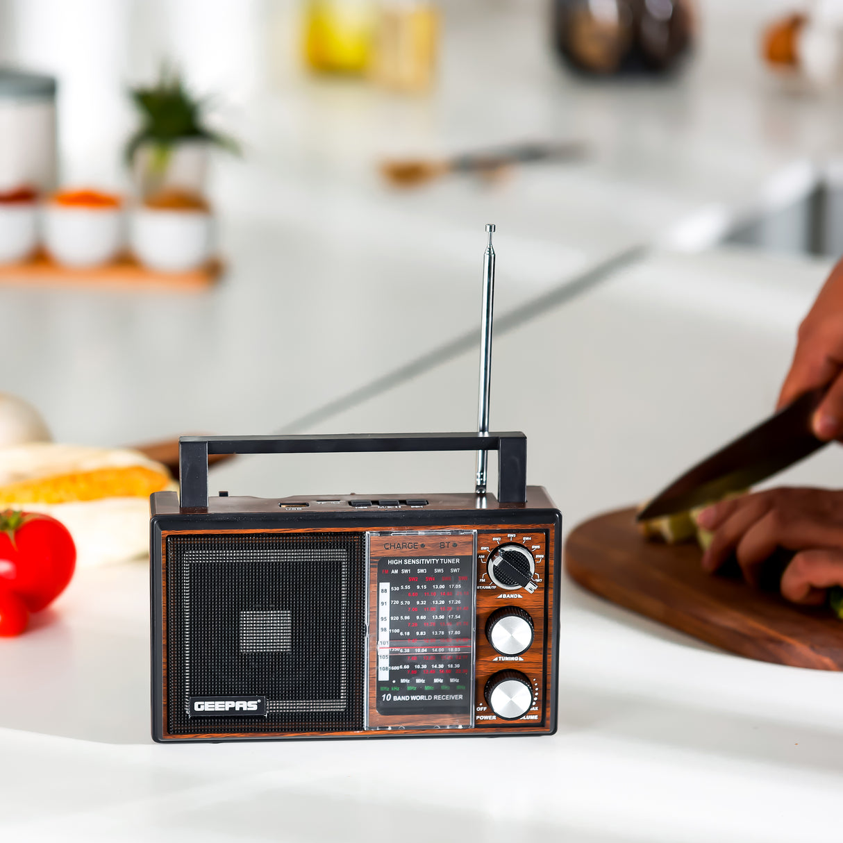 Geepas GR6842 Rechargeable Radio - BT/USB/SD /TF Music Player | Bluetooth Speaker | Lightweight Portable FM Radio | 10 Band Radio  | Stylish Retro Design