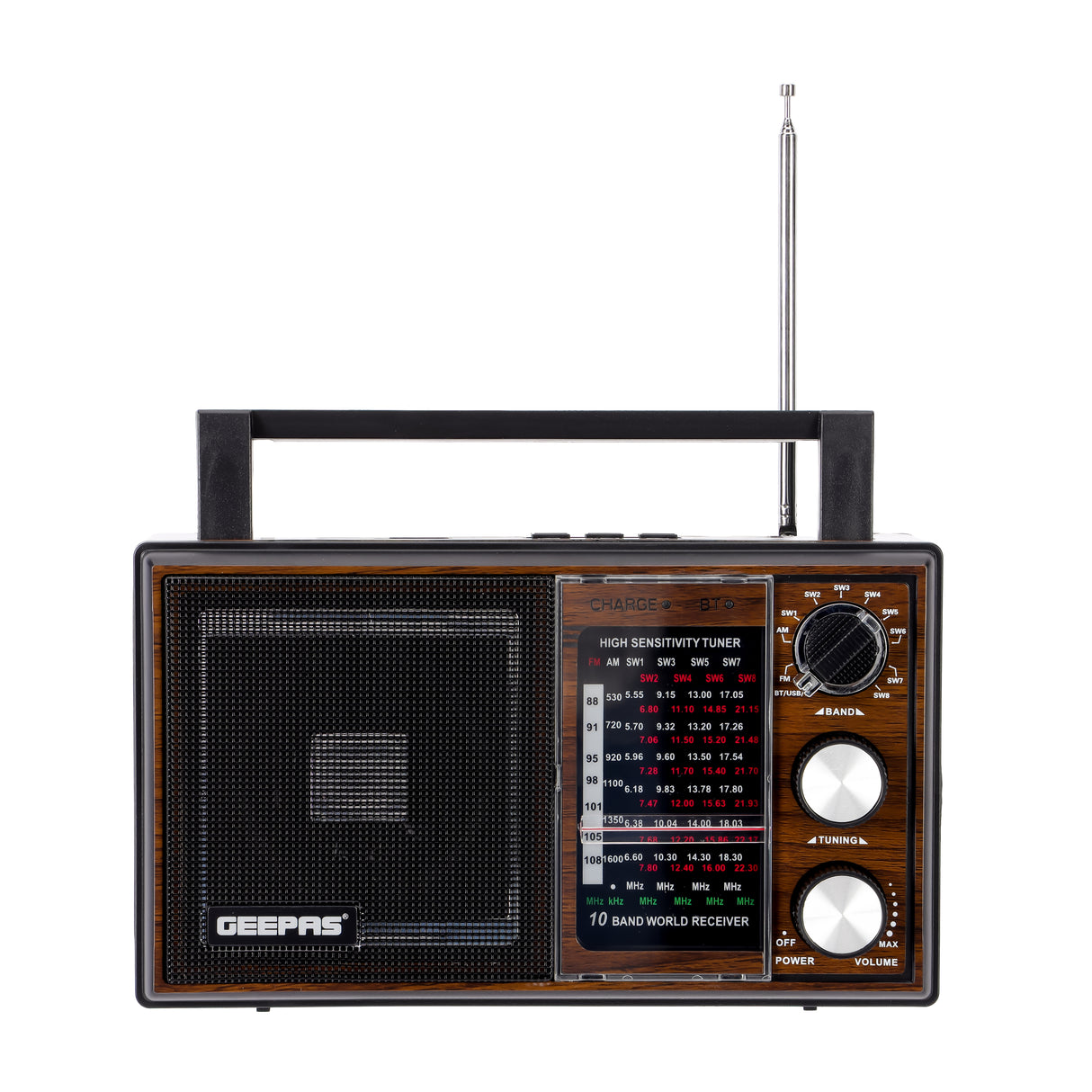 Geepas GR6842 Rechargeable Radio - BT/USB/SD /TF Music Player | Bluetooth Speaker | Lightweight Portable FM Radio | 10 Band Radio  | Stylish Retro Design