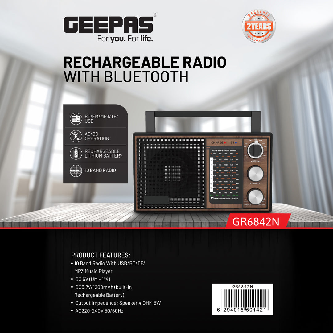 Geepas GR6842 Rechargeable Radio - BT/USB/SD /TF Music Player | Bluetooth Speaker | Lightweight Portable FM Radio | 10 Band Radio  | Stylish Retro Design
