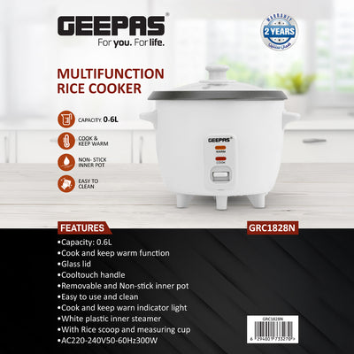 Geepas Personal Rice Cooker GRC1828 | 0.6L Compact Capacity | Ideal for Cooking & Keeping Food Warm |  Energy Efficient, Easy to Clean & Durable Design | 2 Years Warranty