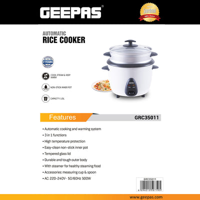 Geepas Automatic Rice Cooker GRC35011 | 1.5L Capacity | 500W Power | 3-in-1 Function Cook, Steam & Keep Warm | Durable Non-Stick Inner Pot  |   2 Years Warranty