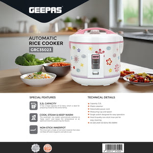 Geepas GRC35023 3.2L Automatic Rice Cooker | Cook, Steam & Keep Warm | Non-Stick Inner Pot | Detachable Cord | Includes Measuring Cup & Spoon | White | 2Y Warranty