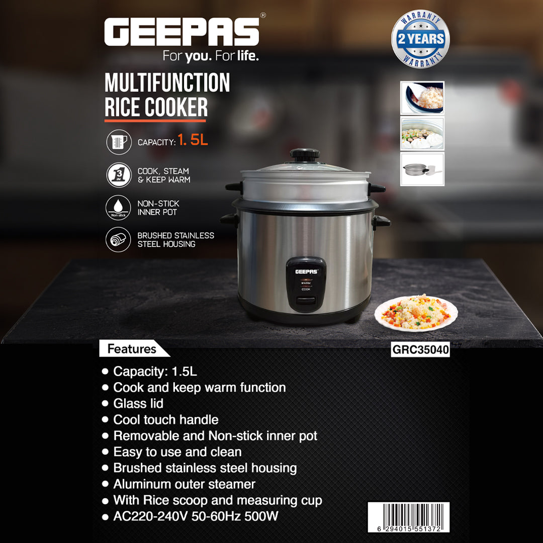 Geepas Multifunction Rice Cooker GRC35040 | 1.5L Capacity | Ideal for Cooking, Steaming & Keeping Food Warm |  Stainless Steel Body &  Easy to Clean  | 2 Years Warranty
