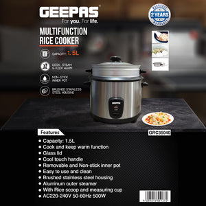Geepas Multifunction Rice Cooker GRC35040 | 1.5L Capacity | Ideal for Cooking, Steaming & Keeping Food Warm |  Stainless Steel Body &  Easy to Clean  | 2 Years Warranty
