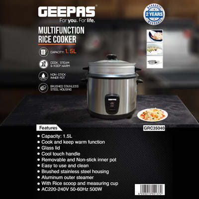 Geepas Multifunction Rice Cooker GRC35040 | 1.5L Capacity | Ideal for Cooking, Steaming & Keeping Food Warm |  Stainless Steel Body &  Easy to Clean  | 2 Years Warranty