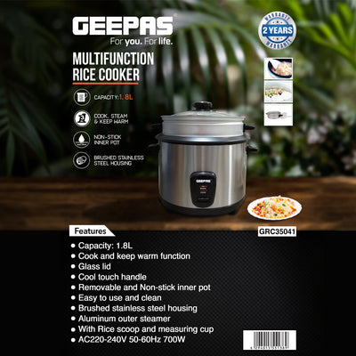 Geepas Multifunction Rice Cooker GRC35041 | 1.8L Capacity | Perfect for Cooking, Steaming & Keeping Food Warm | Durable Design| Easy Operation | 2-Years Warranty