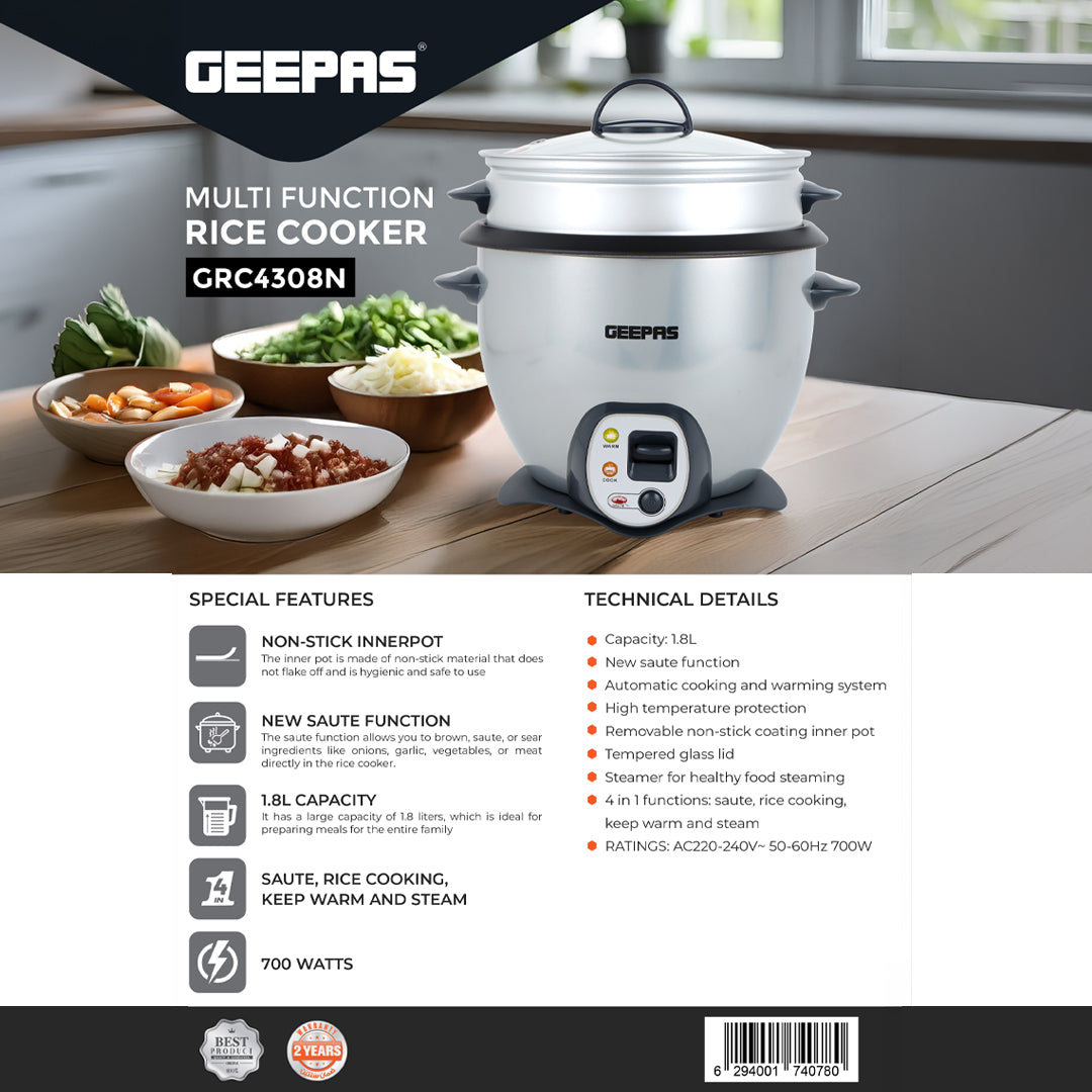 Geepas GRC4308 Multi Function Rice Cooker | 1.8L Capacity | Non-Stick Inner Pot | Saute, Steam, Keep Warm & Automatic Cooking System | Perfect for Daily Family Meals