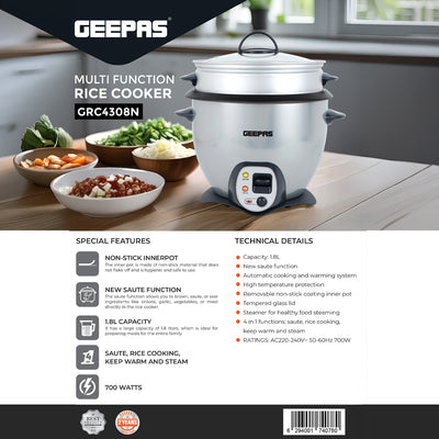 Geepas GRC4308 Multi Function Rice Cooker | 1.8L Capacity | Non-Stick Inner Pot | Saute, Steam, Keep Warm & Automatic Cooking System | Perfect for Daily Family Meals