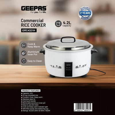 Geepas Commercial Rice Cooker GRC4321 – 4.2L Capacity | 1600W Power| Durable Construction, Includes Cook & Keep Warm Functions |Stainless Steel Lid | 2 Years Warranty