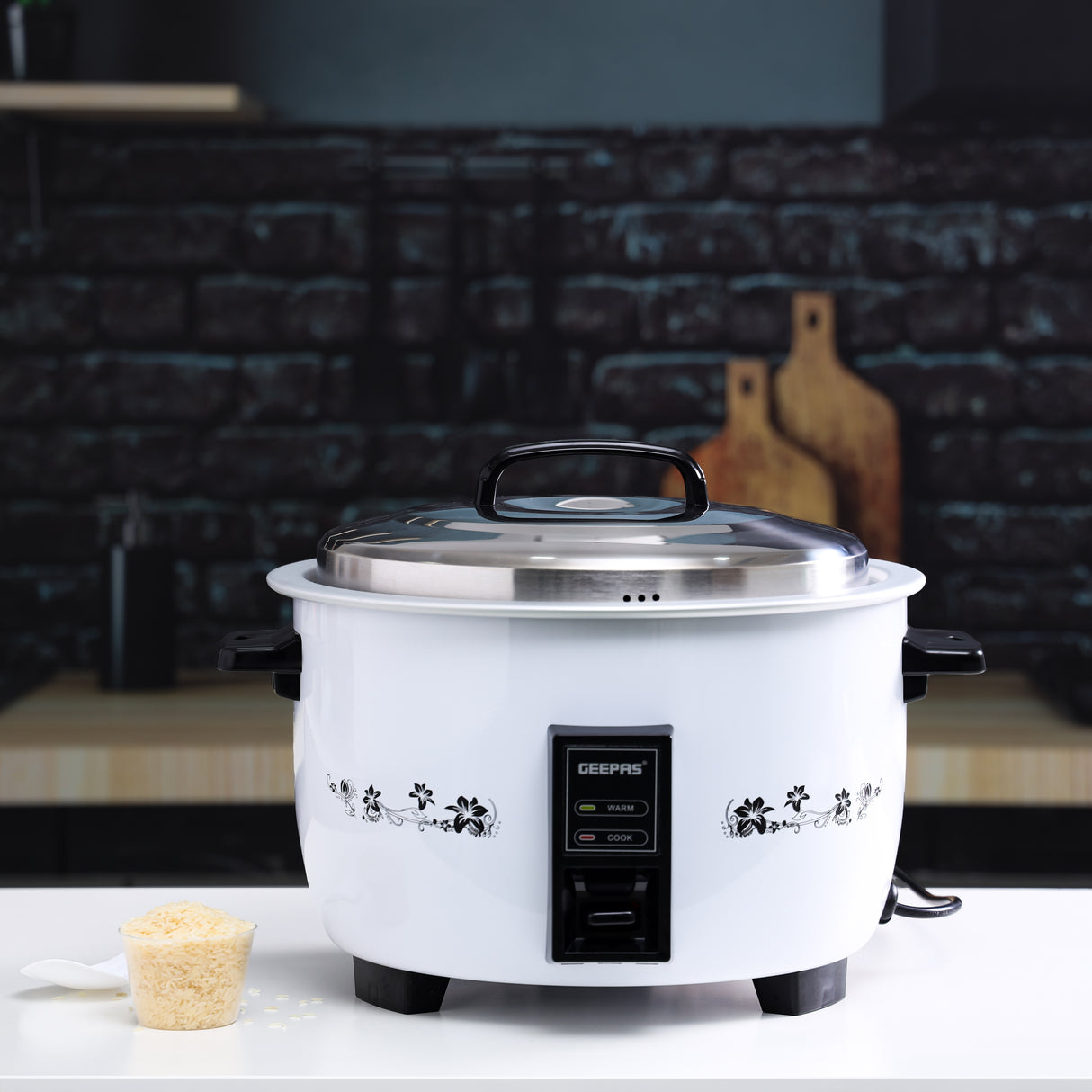Geepas 8.0 L Commercial Rice Cooker- GRC4322H/ Durable Construction, Includes Cook, Keep Warm Functions, with Stainless Steel Lid, Aluminum Inner Steamer, White