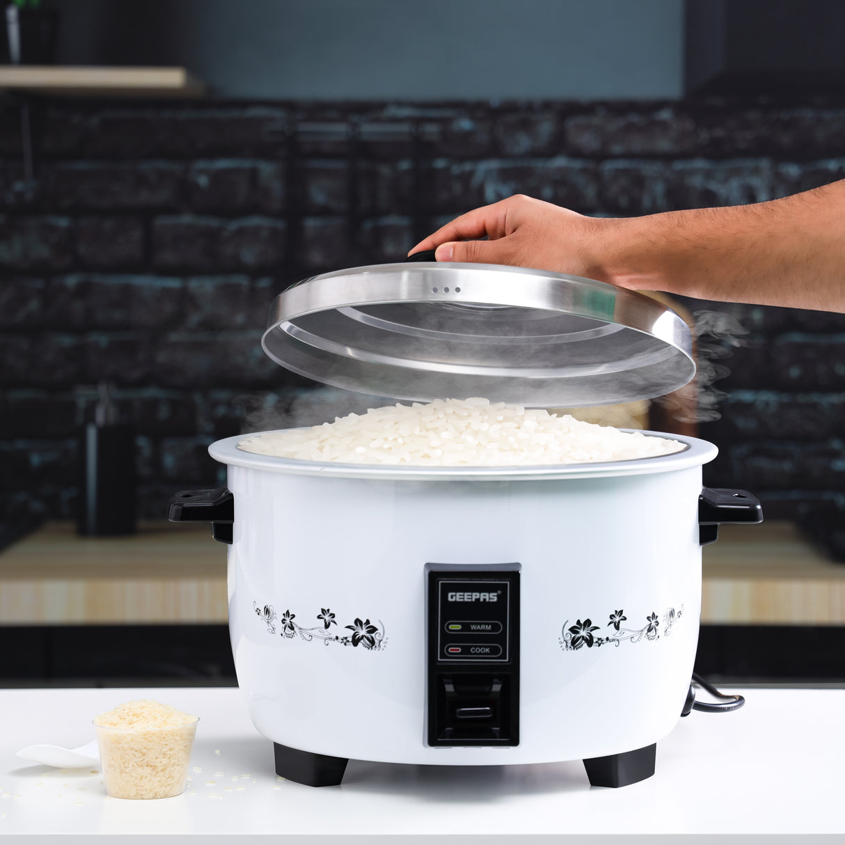 Geepas 8.0 L Commercial Rice Cooker- GRC4322H/ Durable Construction, Includes Cook, Keep Warm Functions, with Stainless Steel Lid, Aluminum Inner Steamer, White