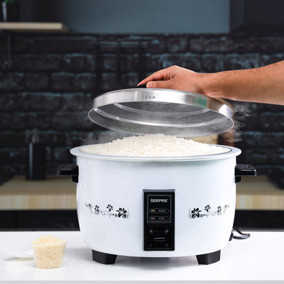 Geepas 8.0 L Commercial Rice Cooker- GRC4322H/ Durable Construction, Includes Cook, Keep Warm Functions, with Stainless Steel Lid, Aluminum Inner Steamer, White