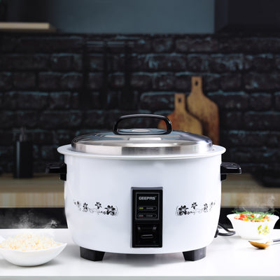 Geepas 8.0 L Commercial Rice Cooker- GRC4322H/ Durable Construction, Includes Cook, Keep Warm Functions, with Stainless Steel Lid, Aluminum Inner Steamer, White