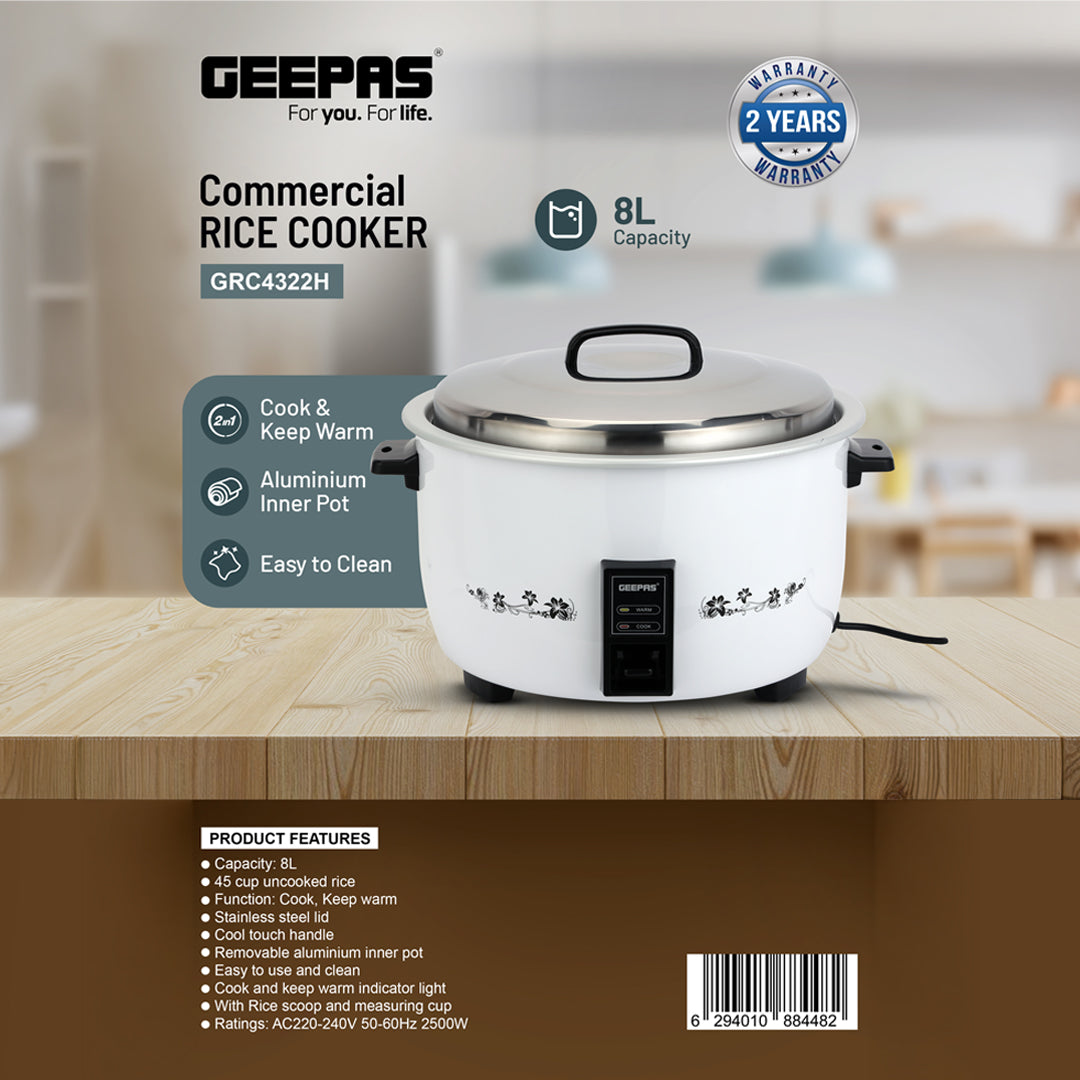 Geepas Commercial Rice Cooker GRC4322 | 8L Large Capacity | 2500W Powerful Heating | Cook & Keep Warm Function | Removable Aluminium Inner Pot|   2 Years Warranty