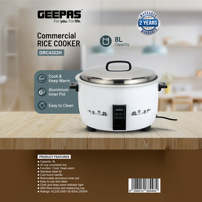 Geepas Commercial Rice Cooker GRC4322 | 8L Large Capacity | 2500W Powerful Heating | Cook & Keep Warm Function | Removable Aluminium Inner Pot|   2 Years Warranty