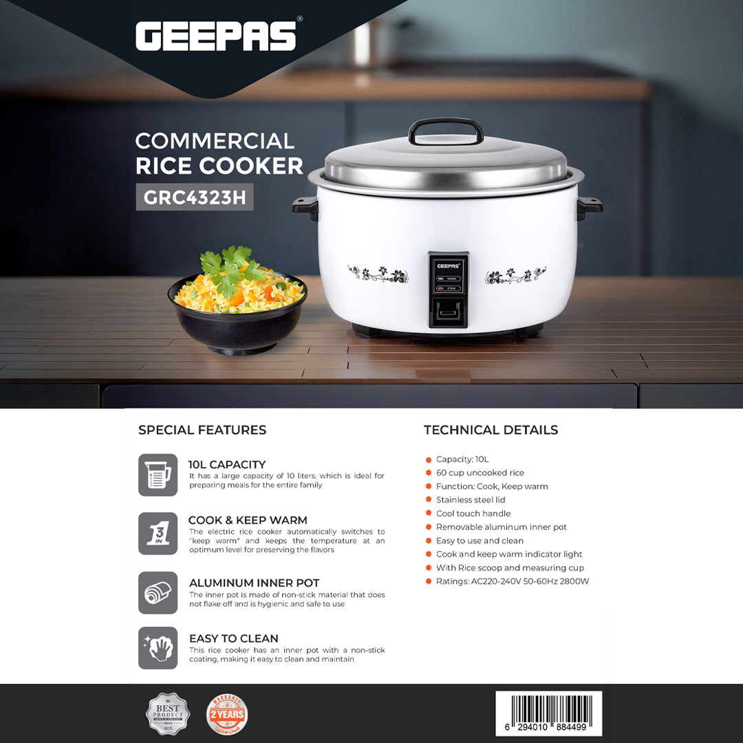 Geepas Commercial Rice Cooker GRC4323 | 10L Capacity |  2800W Power | Cook & Keep Warm Function | Durable Aluminium Inner Pot | Stainless Steel Lid | 2 Years Warranty