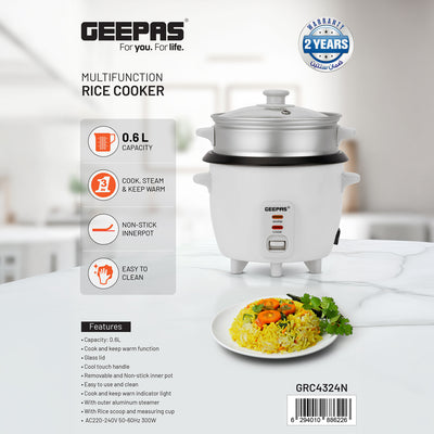 Geepas Multifunction Rice Cooker GRC4324 | 0.6L Compact Capacity | Ideal for Cooking, Steaming & Keeping Food Warm | Efficient, Durable & Easy to Use | 2 Years Warranty