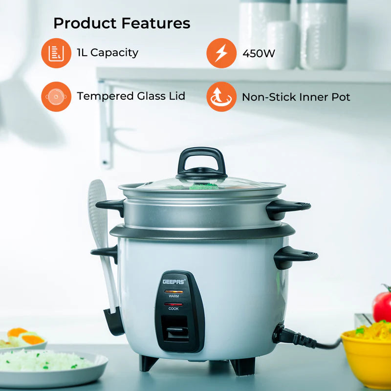 Geepas GRC4325 Multi-Function Rice Cooker | 1L Capacity|  Perfect for Cooking, Steaming & Keeping Food Warm |  Energy Efficient & Easy to Clean Design | 2 Years Warranty
