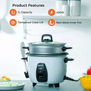 Geepas GRC4325 Multi-Function Rice Cooker | 1L Capacity|  Perfect for Cooking, Steaming & Keeping Food Warm |  Energy Efficient & Easy to Clean Design | 2 Years Warranty